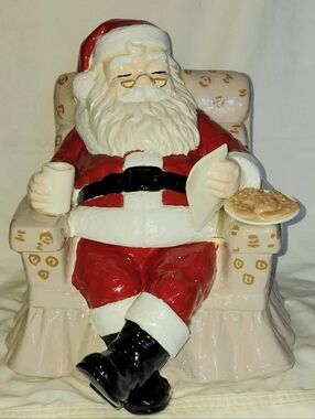 Plaster Chalkware Cookie Jar Sleeping Santa Claus in Chair With Cookies & Milk